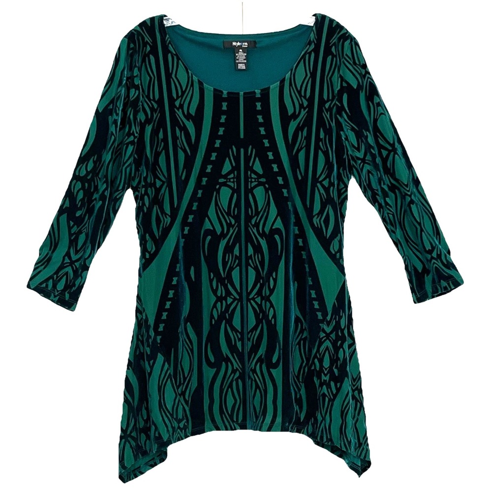 Style & Co Tunic Top PL Black Burnout Velvet Green Mesh Lined 3/4 Sleeve NWT